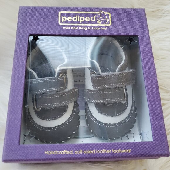 Pediped Navy/Gray Leather Soft Sole Velcro Handcrafted Shoes SZ 0-6M - Picture 1 of 12